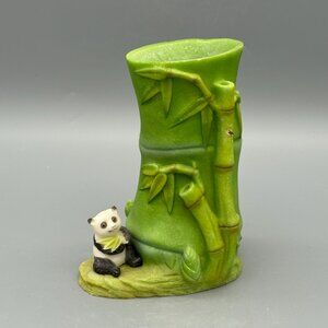 Vintage Panda Bear Bamboo Planter Vase 6" Green Art Pottery Asian Style Decor